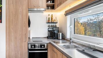 Fridge, oven, stovetop, coffee/tea maker