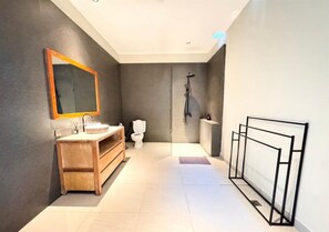 Dusche, Haartrockner, Handtücher, Seife
