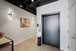 A modern hallway with a carpeted floor, a framed picture on the wall, a trash bin, and an elevator door.