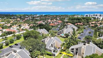 A residential area with houses, a road, and a view of the ocean.