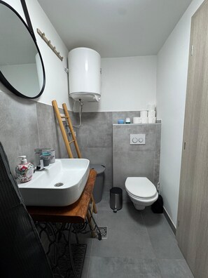 Secadora de cabello, toallas, jabón, papel de baño 