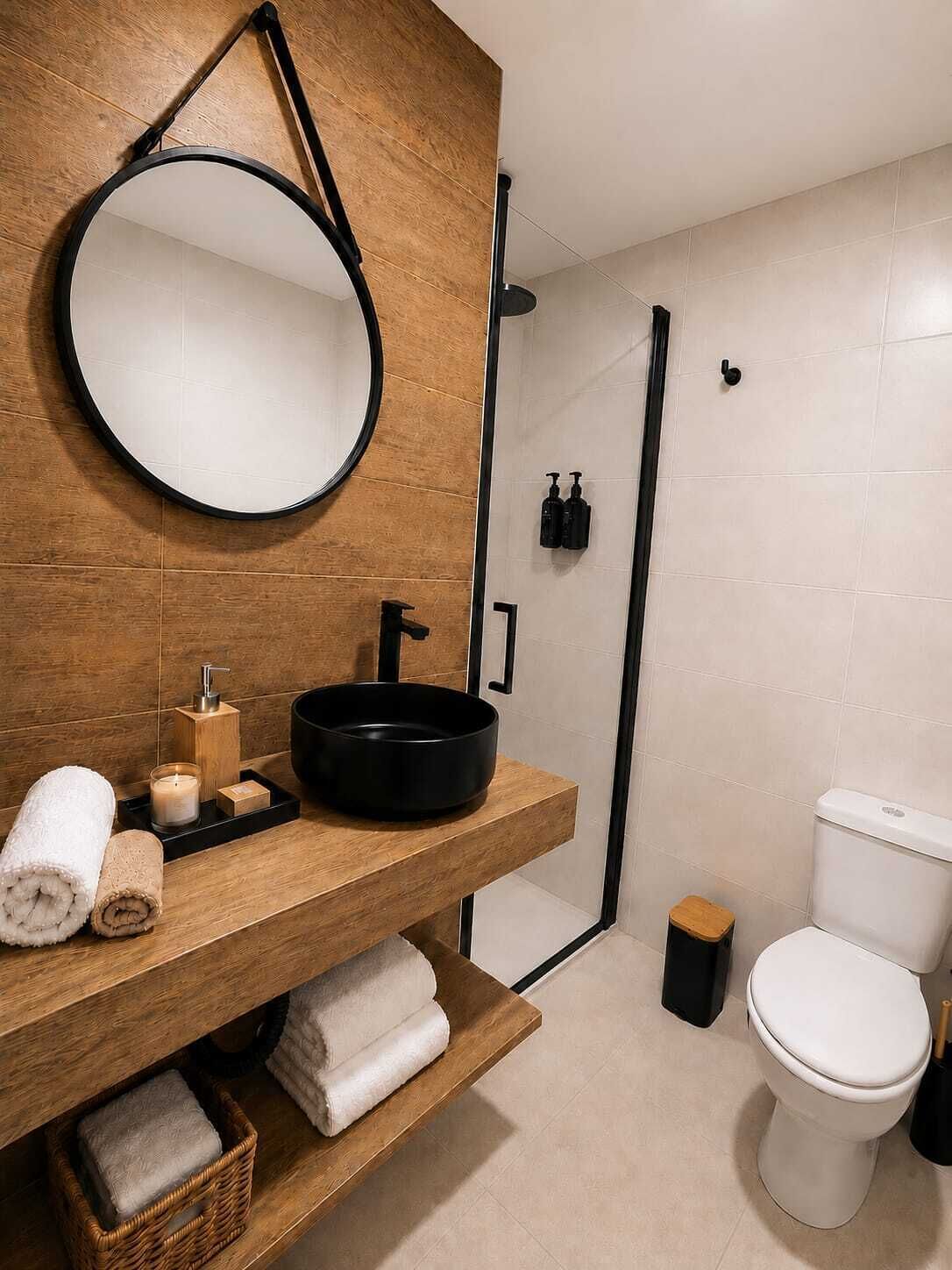 A modern bathroom with a wooden vanity, a round mirror, a black sink, a toilet, and a shower area.