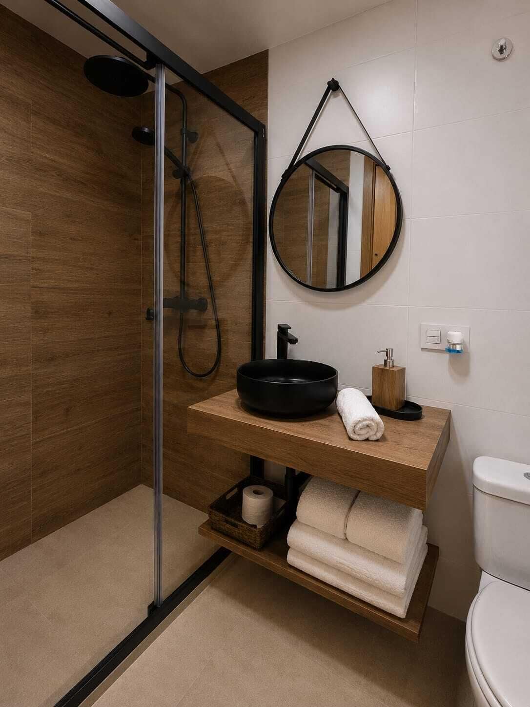 A modern bathroom with a glass shower enclosure, a wooden vanity, a round mirror, and a toilet.