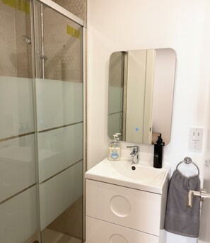 Douche, séchoir à cheveux, serviettes fournies