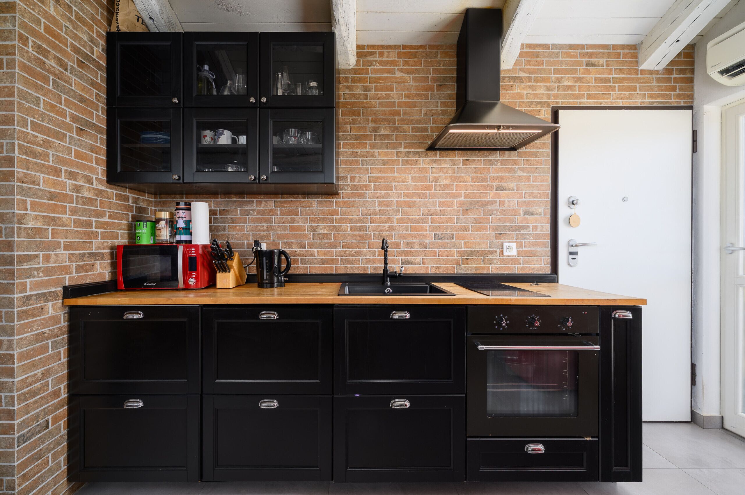 Fridge, microwave, electric kettle, toaster