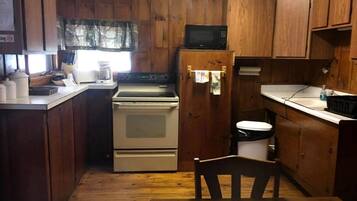 Fridge, coffee/tea maker, electric kettle, toaster