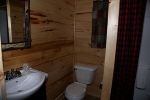 Un baño de cabaña de madera con lavamanos, inodoro y espejo.