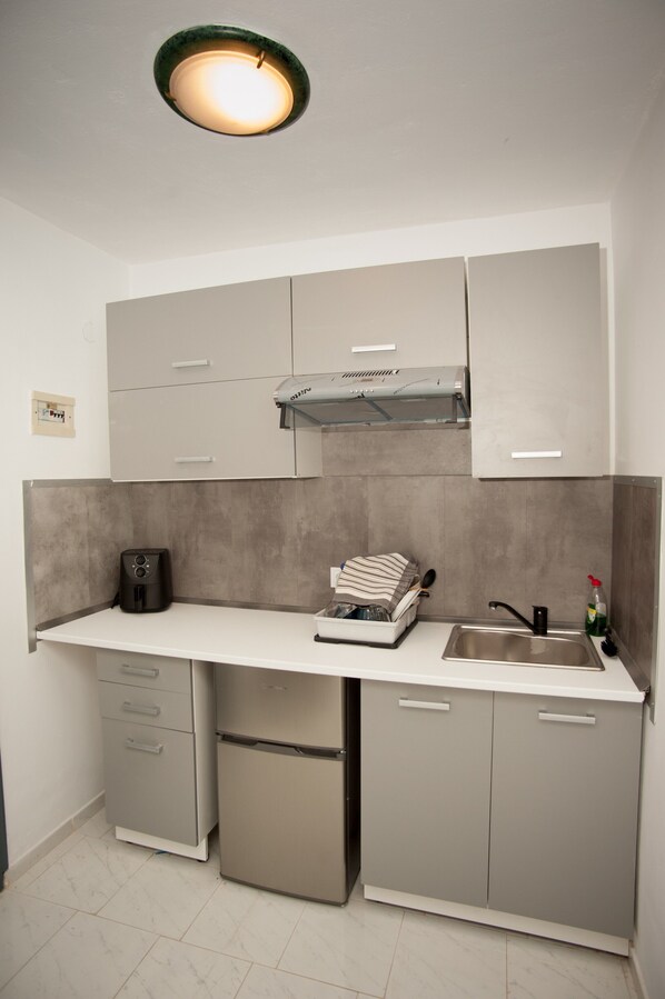 Fridge, cookware/dishes/utensils