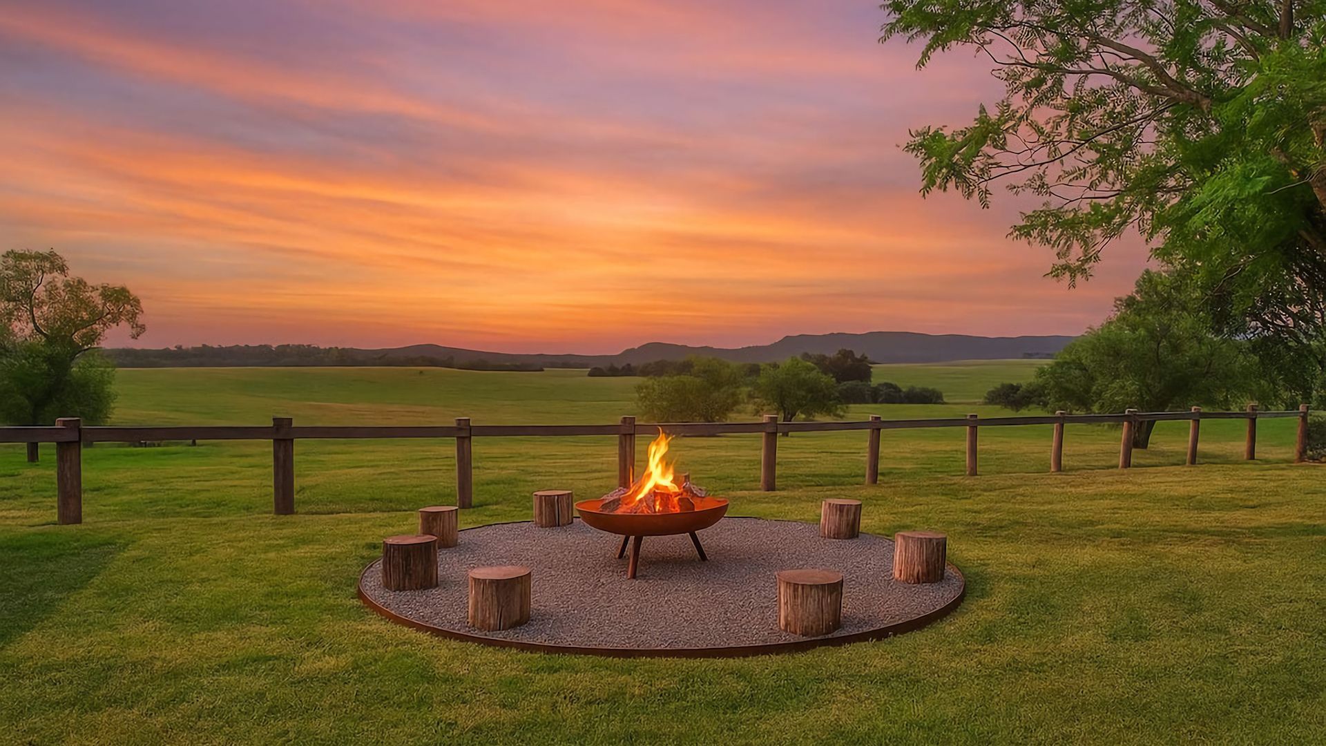 A circular fire pit with logs, surrounded by a gravel circle, set on a grassy field with a wooden fence in the background.