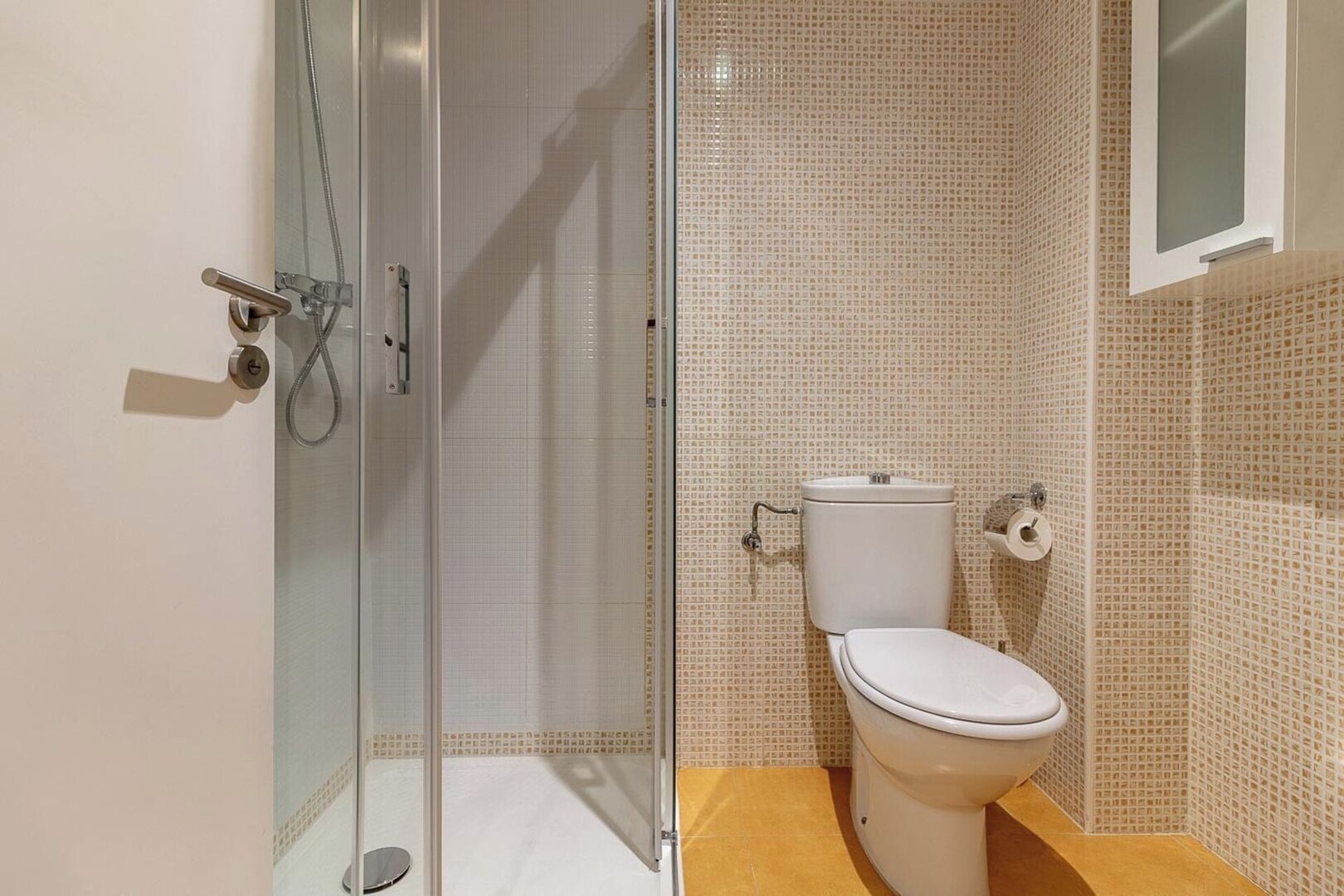 A bathroom with a toilet, a shower enclosure, and a mirror.