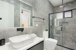 Shower, hair dryer, towels