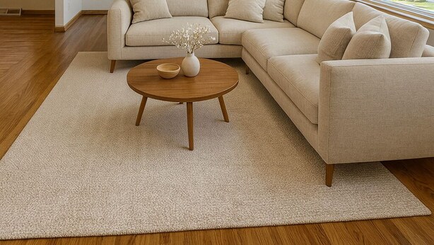 A spacious living room with a large L-shaped beige sofa, a round wooden coffee table, and a large window providing a view of the neighborhood.
