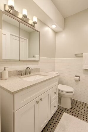 Hair dryer, towels, soap, toilet paper