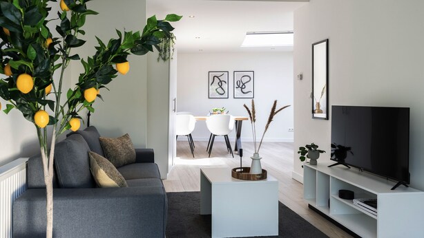 A modern living room with a grey sofa, a white coffee table, a flat-screen TV, and a potted plant with yellow flowers.