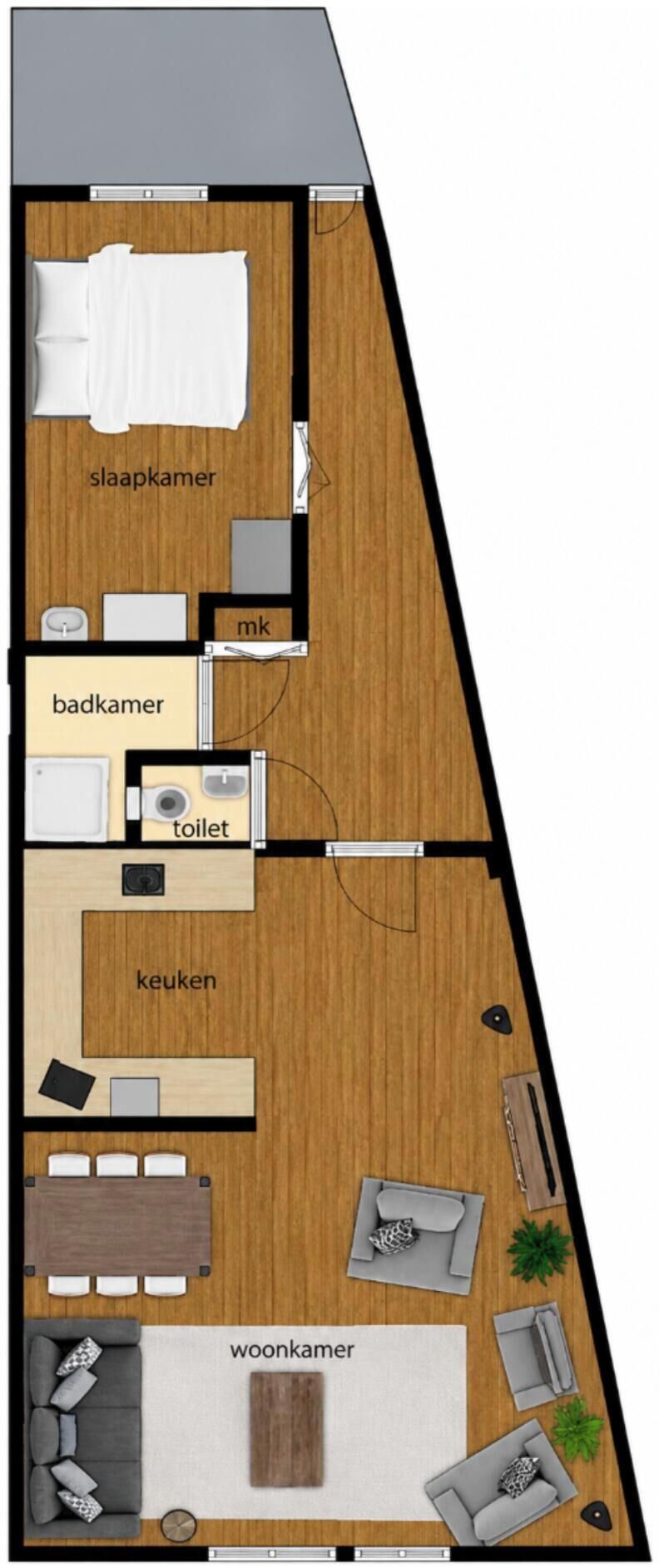 A floor plan of a hotel room with a ensuite bathroom, a kitchenette, a sitting area, and a sleeping area.