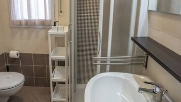 Shower, hair dryer, bidet, towels