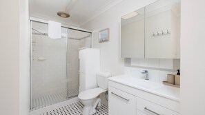 Shower, hair dryer, towels