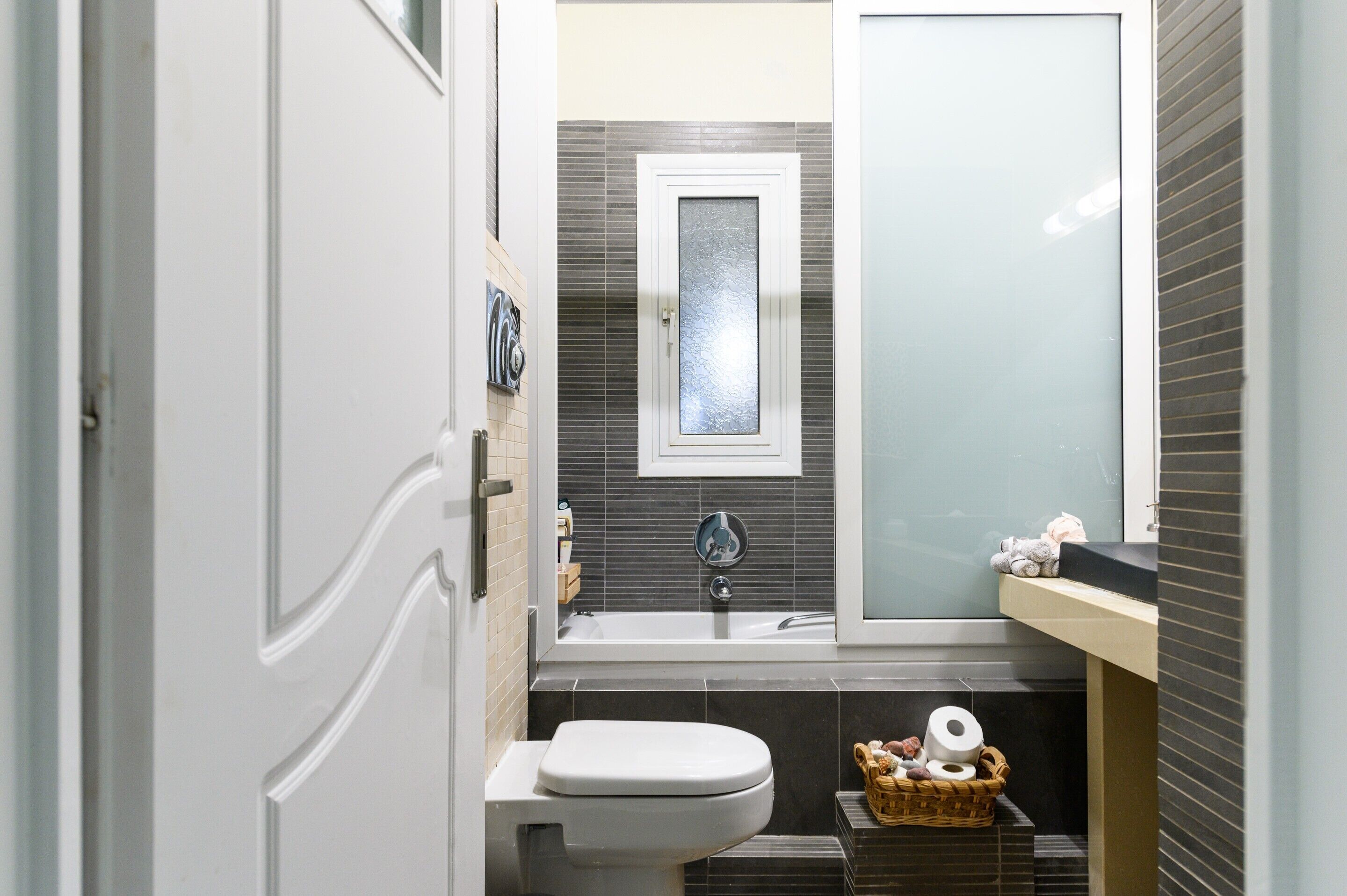 Shower, hair dryer, towels