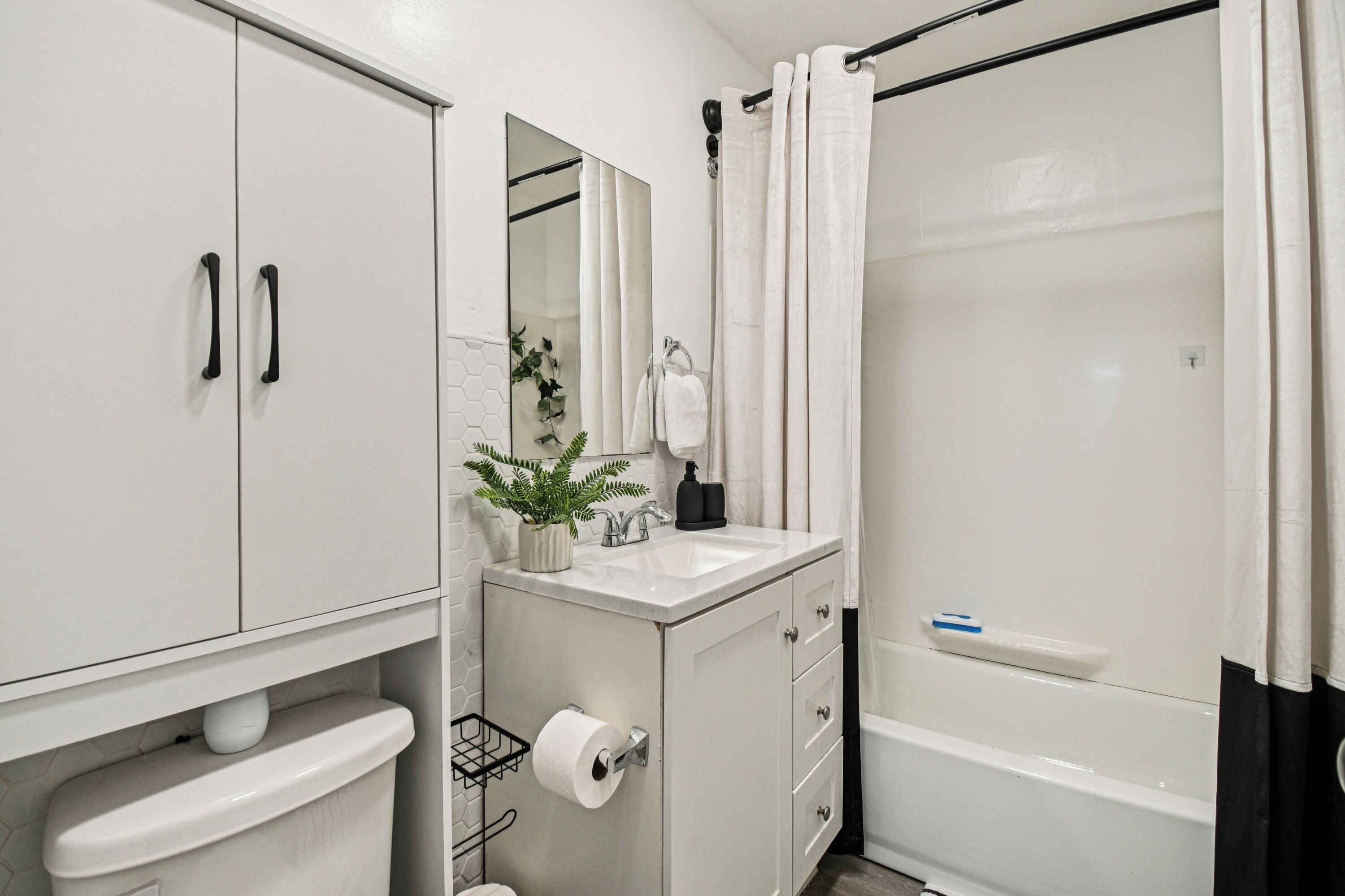 Hair dryer, towels, soap, toilet paper