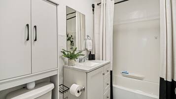 Hair dryer, towels, soap, toilet paper