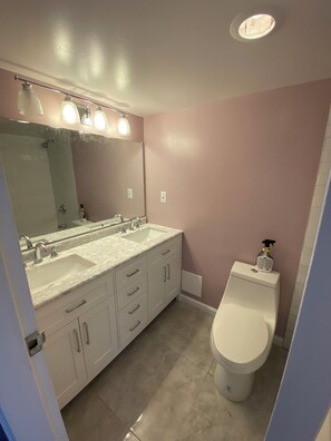 Hair dryer, towels, soap, toilet paper