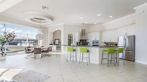 Fridge, stovetop, coffee/tea maker, toaster