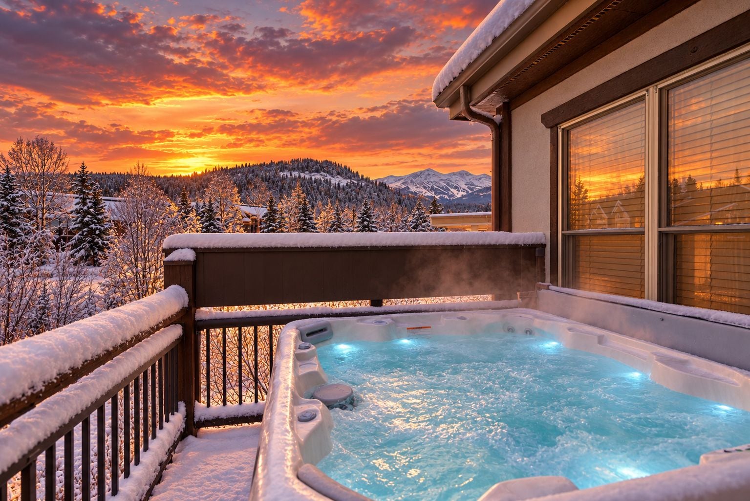 A hot tub with a view of snow-covered trees and mountains during sunset.