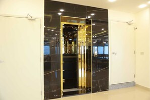 Un interior moderno con una pared de mármol negro, un ascensor dorado y una puerta blanca.