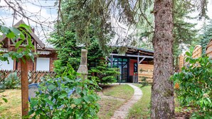 A wooden cabin with a stone pathway leading to a modern glass door, surrounded by dense greenery. - Tiny House 200 with Private Terrace, Garden, and Wi-Fi (Zadelsdorf)