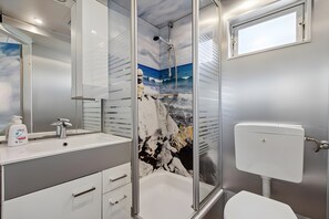 Shower, free toiletries, hair dryer