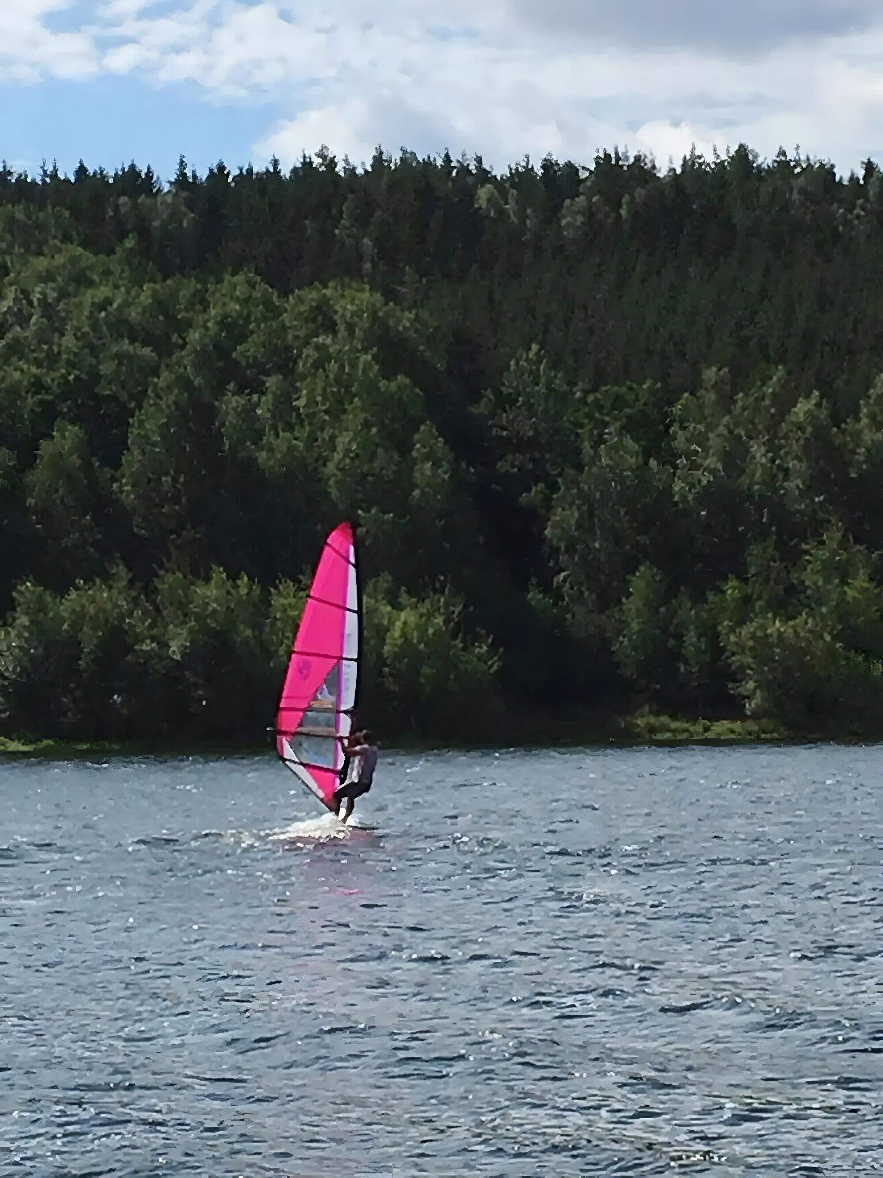 A person windsurfing on a body of water with a forested background.