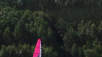 A person windsurfing on a body of water with a forested background.