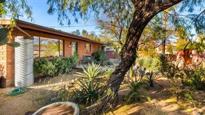 A rustic house with a brick exterior, surrounded by a garden with various cacti and plants.