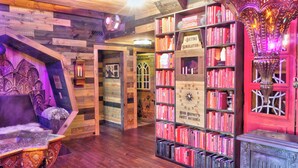 A cozy bookstore with wooden walls and shelves filled with books. - Luminary Lodge: an Appalachian arcade of interactive inventions above the clouds (Sevierville)