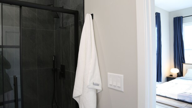 A bathroom with a glass shower door, a white towel hanging on a rack, and a bed with a blue curtain in the adjacent room. - Charming DC Carriage House: Perfect for Couples, Small Families Weekend Trips (Washington DC)