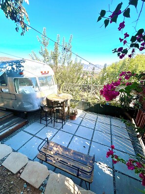 A patio area with a bench, a small table, and a potted plant.