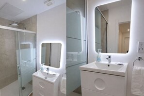 Dusj, hårføner, håndklær og såpe