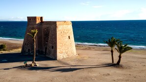 A coastal fortification with a sandy beach, palm trees, and the ocean in the background.