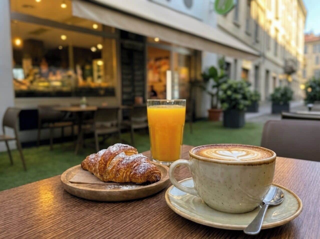 A table with a croissant, a glass of orange juice, and a cup of coffee.