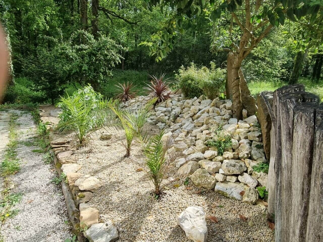 A garden with a gravel path, small plants, and a stone wall.