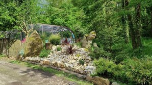 Ein Garten mit einem Kiesweg, einer Holzbrücke und verschiedenen Pflanzen.