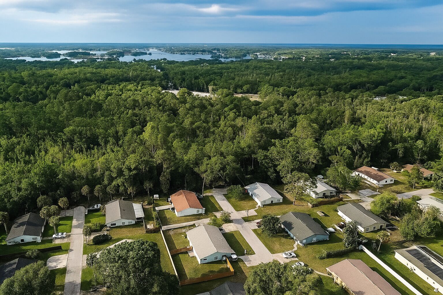 Vista aérea de una zona residencial con varias casas, carreteras y una gran masa de agua al fondo.