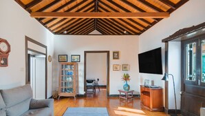 Uma sala de estar ampla com teto alto de madeira, um sofá cinza, uma mesa de centro, uma televisão e uma estante de livros.