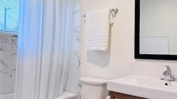 Hair dryer, towels, soap, toilet paper