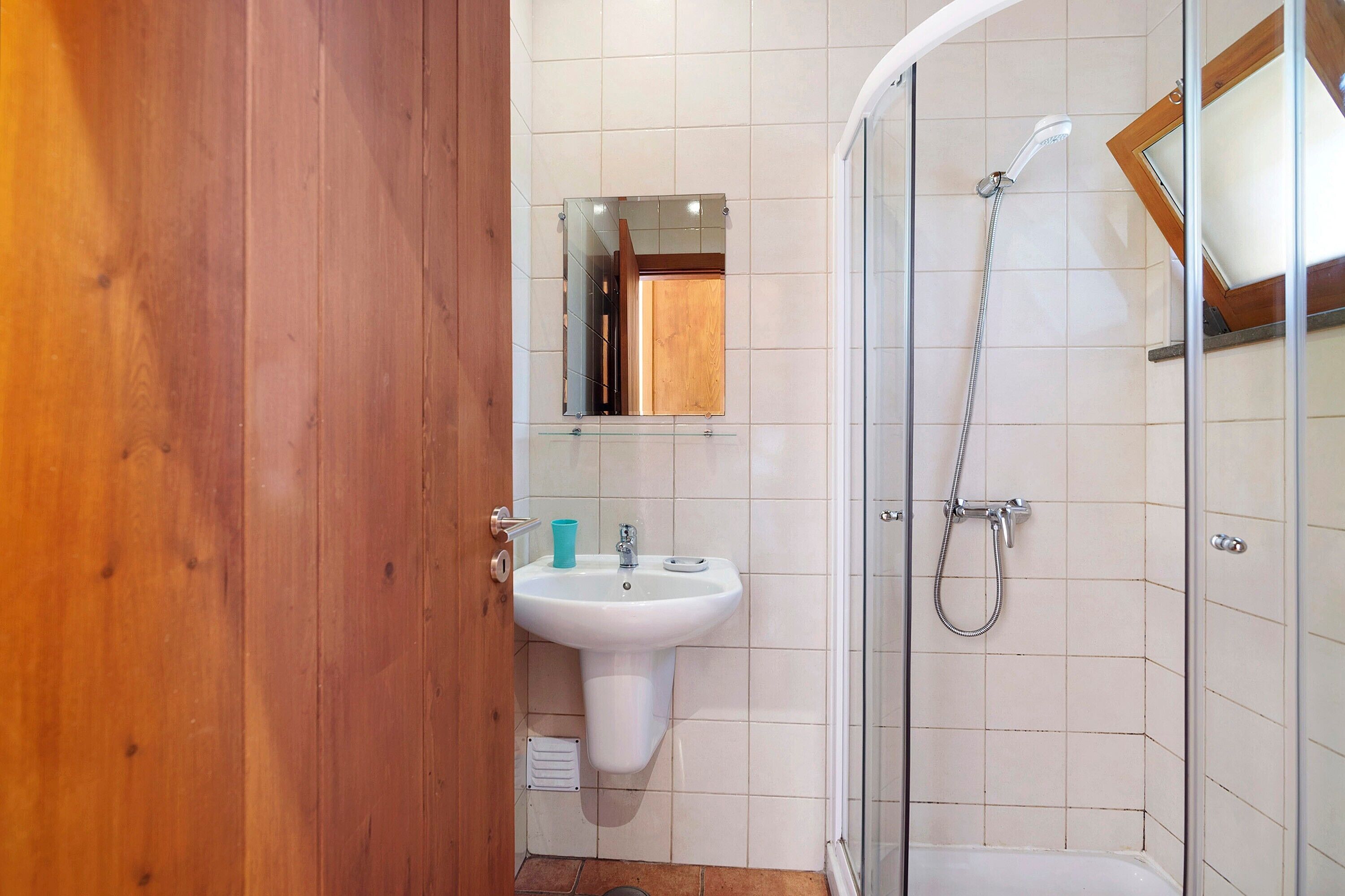 Une salle de bain avec une porte en bois, un lavabo avec un miroir au-dessus et un espace douche.