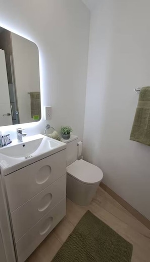 Douche, sèche-cheveux, serviettes fournies, savon