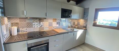 Fridge, microwave, oven, stovetop