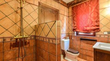 A bathroom with a shower, toilet, and sink.
