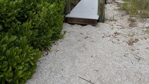 A wooden boardwalk leading to a beach with a visible rainbow in the distance.