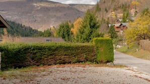 A residential area with houses, a road, and a mountain in the background.